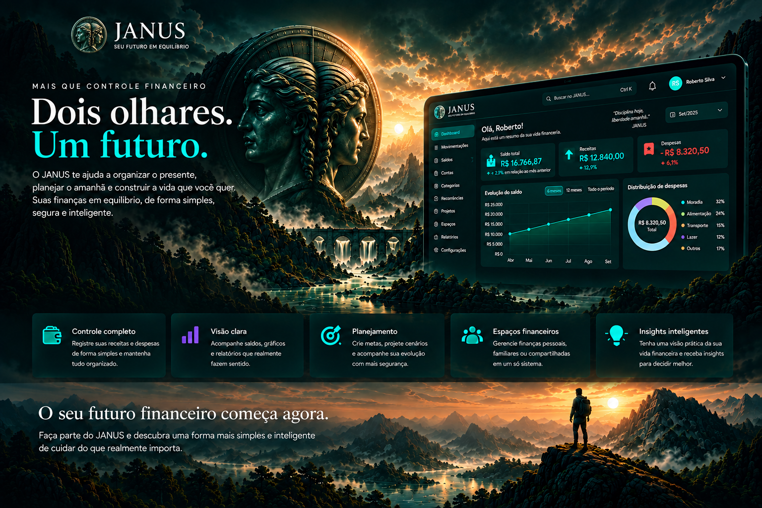 O JANUS ajuda você a organizar o presente, planejar o amanhã e manter suas finanças em equilíbrio, de forma simples, segura e inteligente. Um painel mostra o dashboard do JANUS com saldo, receitas, despesas e evolução do saldo, seguido dos recursos: controle completo, visão clara, planejamento, espaços financeiros e insights financeiros. Ao final, a mensagem: o seu futuro financeiro começa agora.